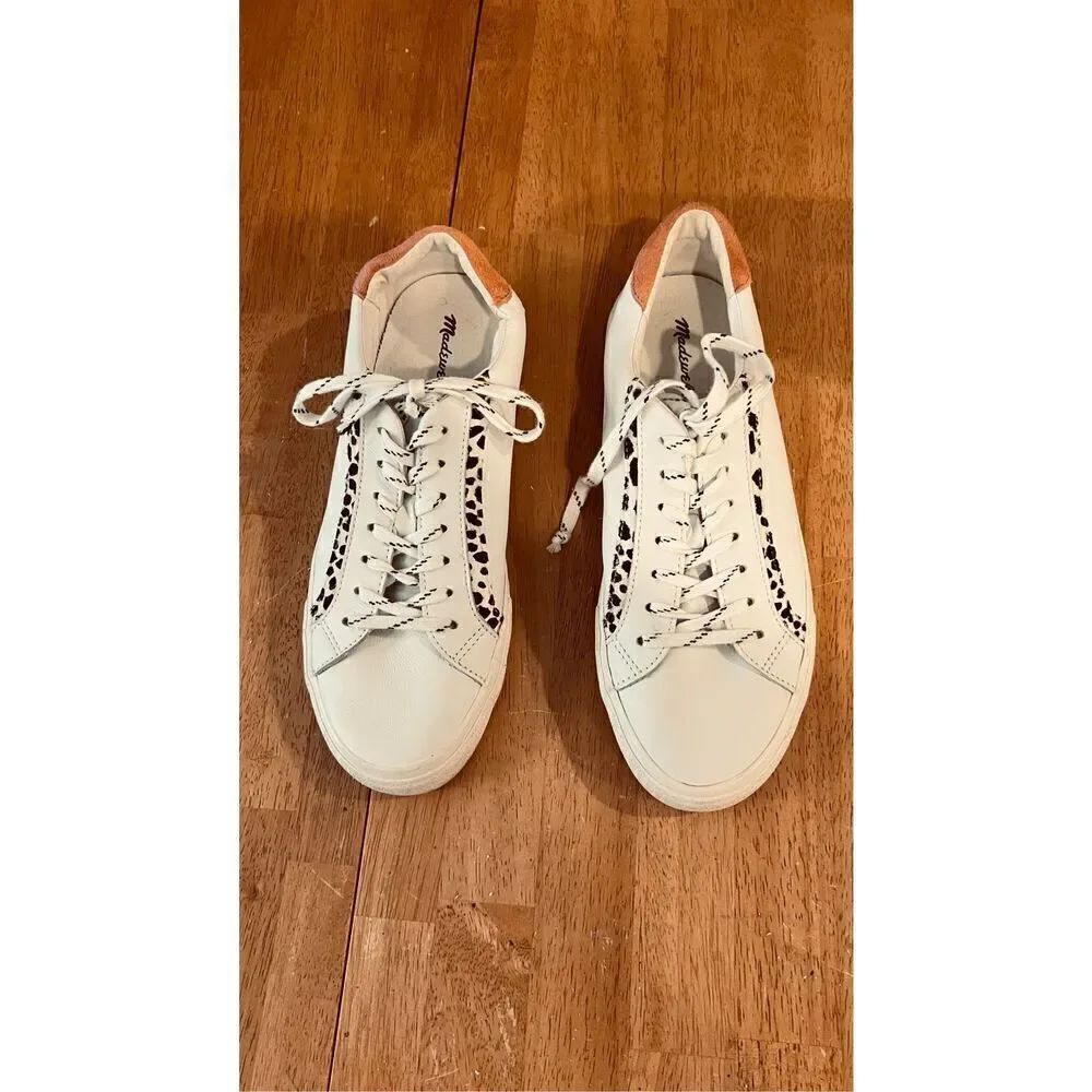 Madewell Leopard Print Trim WHite Leather Low Top Sneakers SZ 9